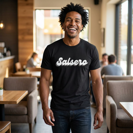 Salsero Script Tee — Retro 3D Text Salsa Dance Shirt